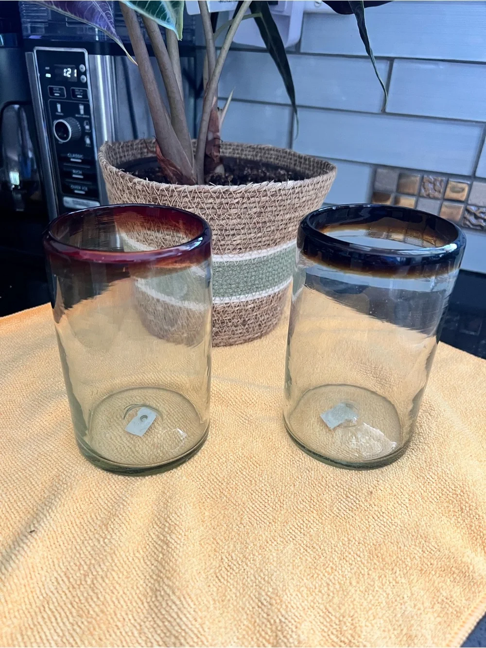 Set of 2 Clear Glass Vases with Colored Rims — Amber and Burgundy Accents